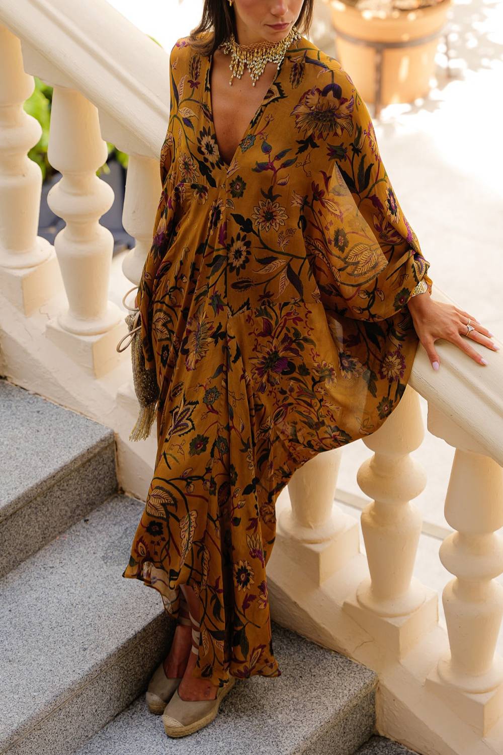 V‑Neck Dolman Sleeve Floral Print Flow Maxi Dress