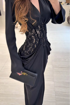 Black V-Neck Long Sleeve Lace Corset Draped Slit Maxi Dress