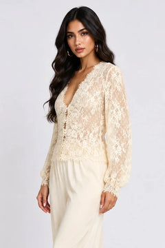 Sheer Floral Lace Deep V-Neck Long Sleeve Blouse Top [erp-image:7f6005ff88aaaf137a9ea08d]