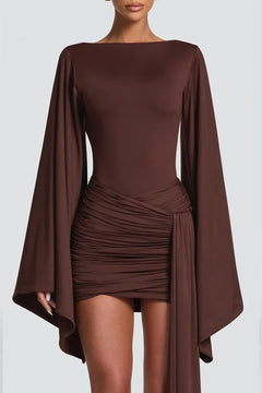 Boat Neck Flared Long Sleeve Ruched Mini Dress with Draped Sash [erp-image:6dc45f07bae05b9267c4a64f]