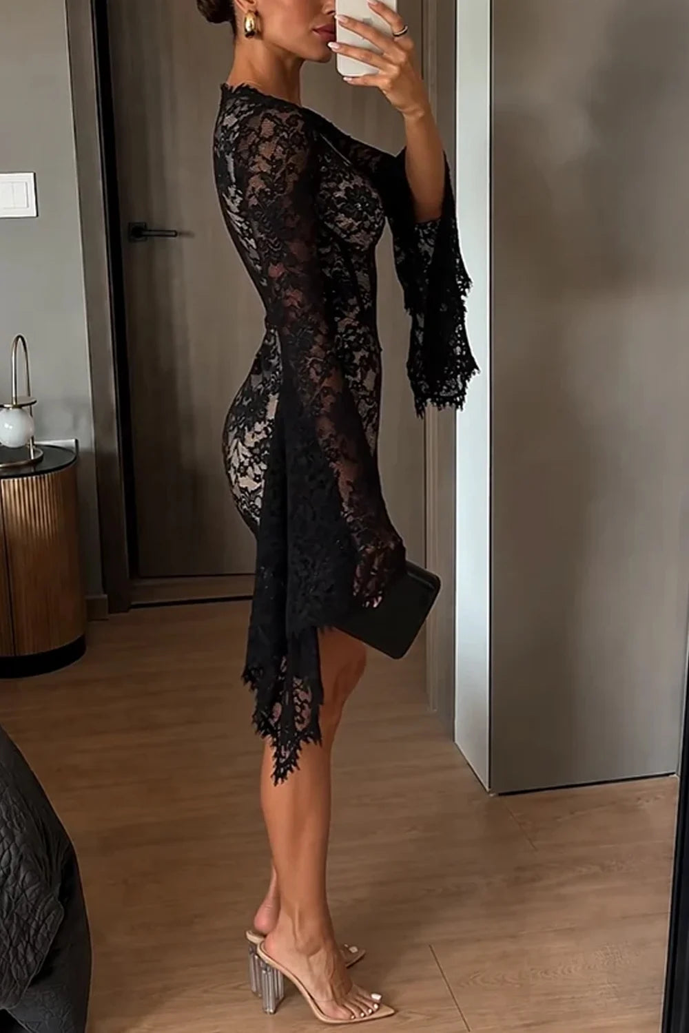 Black Lace Corset Long Flared Sleeve Bodycon Mini Dress [erp-image:a9fc04baad25c30fb4a64a3f]