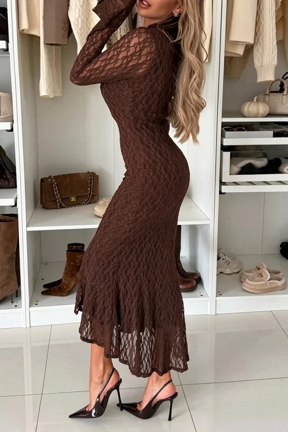 Women High Neck Long Flare Sleeve Lace Mermaid Midi Dress [erp-image:96513d0d761e204a5f9ccf7f]