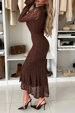 Women High Neck Long Flare Sleeve Lace Mermaid Midi Dress [erp-image:96513d0d761e204a5f9ccf7f]