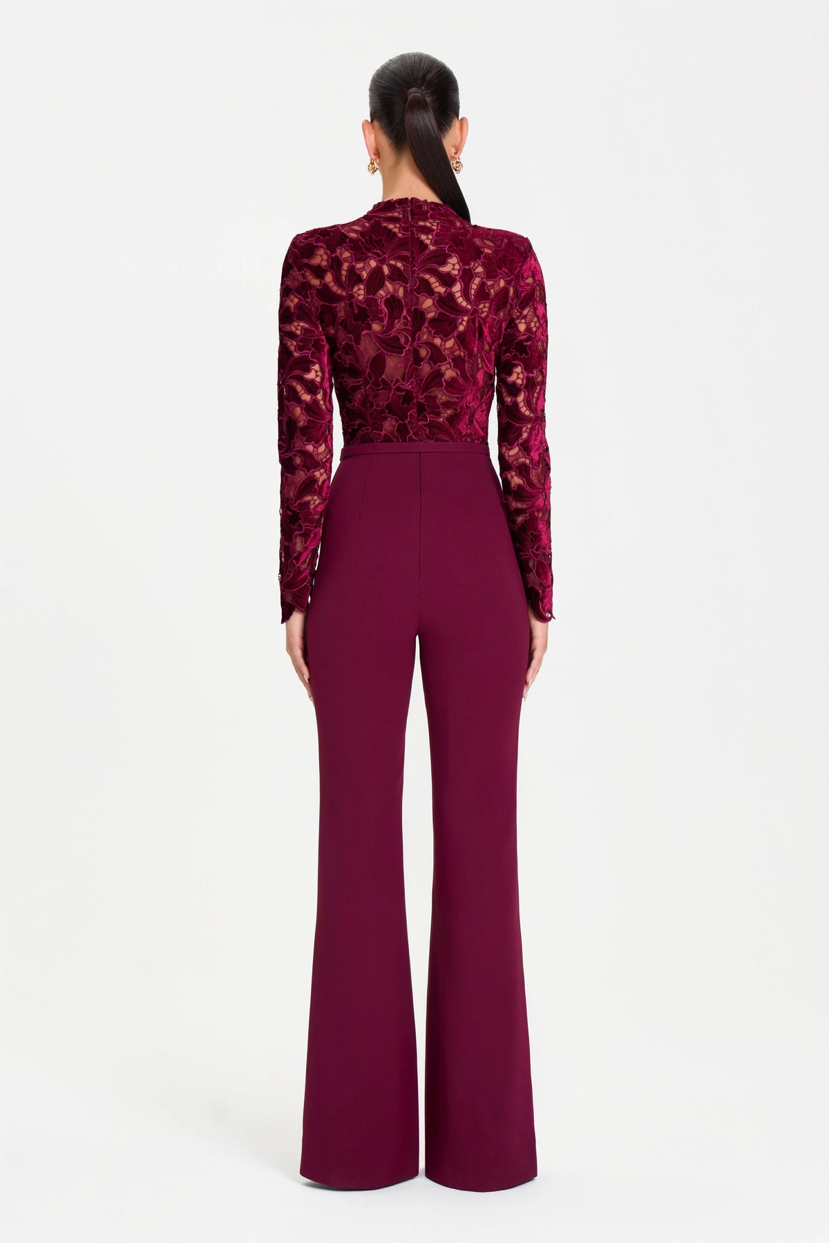 Burgundy Lace Mock Neck Long Sleeve Belted Flared Leg Jumpsuit
