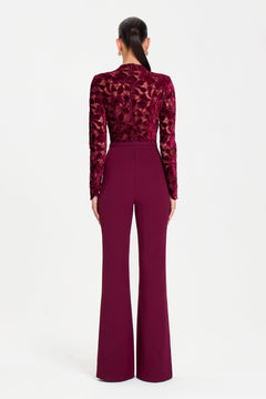 Burgundy Lace Mock Neck Long Sleeve Belted Flared Leg Jumpsuit