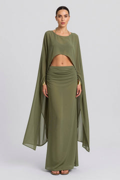 Long Sleeve Top & Pleated Long Skirt Set-Bohemian Beach Vacation Suit