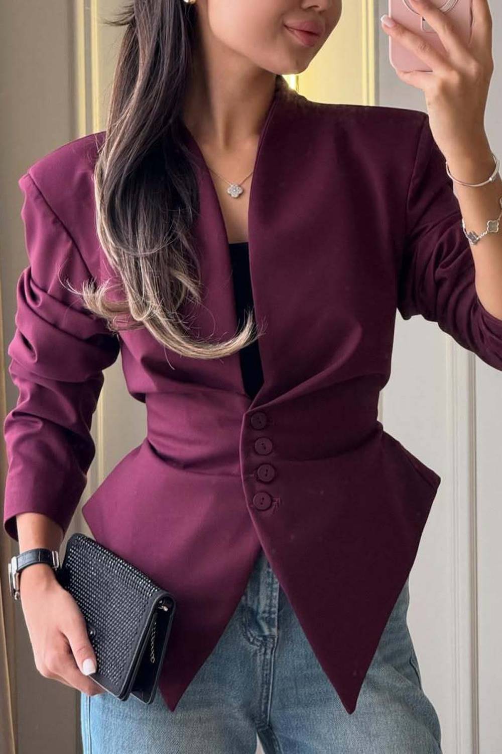 Lapel‑Free Deep V Single‑Breasted Fitted Pointed‑Hem Blazer Top