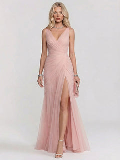 Elegant V-Neck Ruched Tulle High Slit Maxi Dress