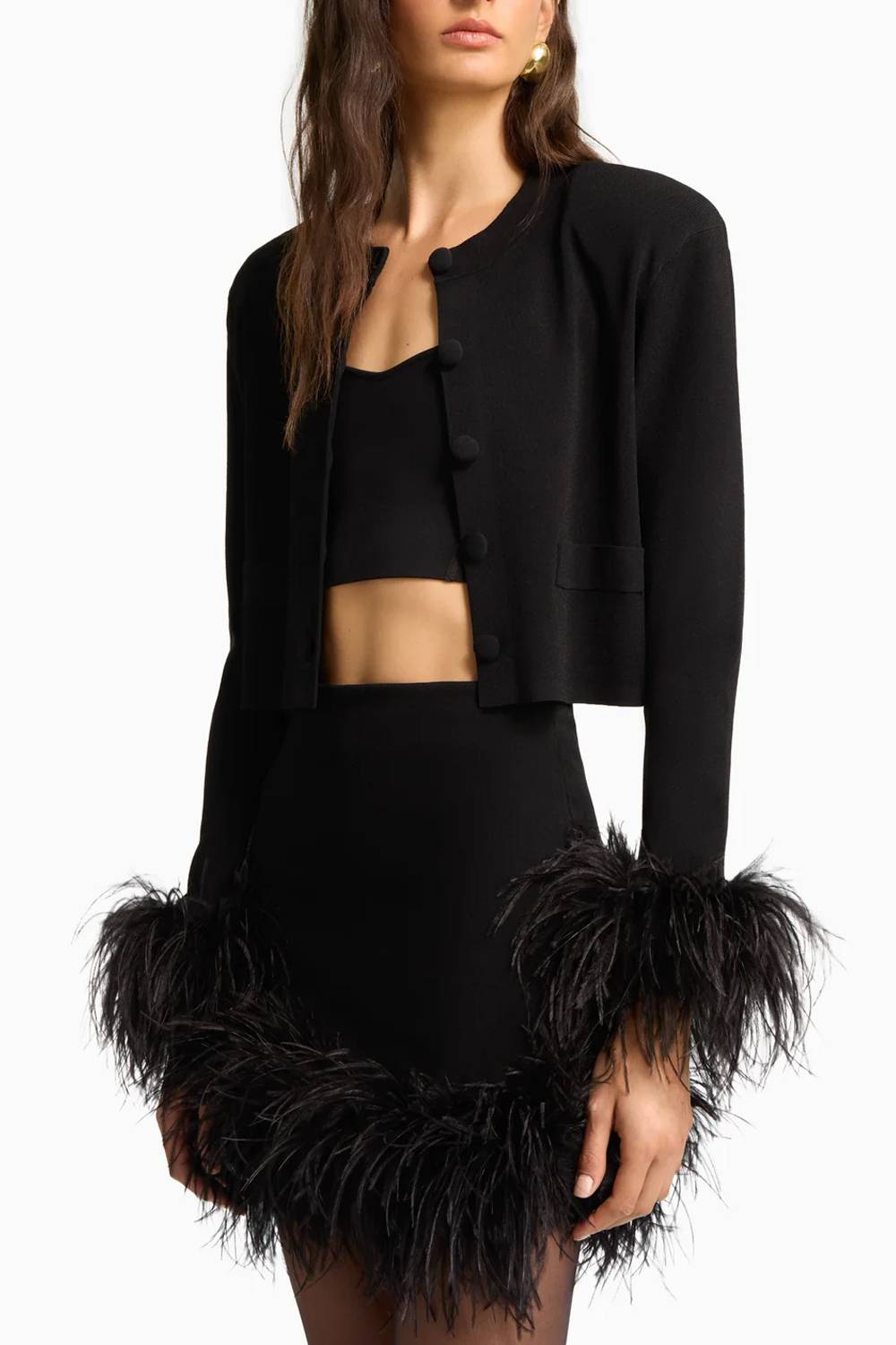 Cropped Jacket & Feather Hem Mini Skirt Two Piece Set