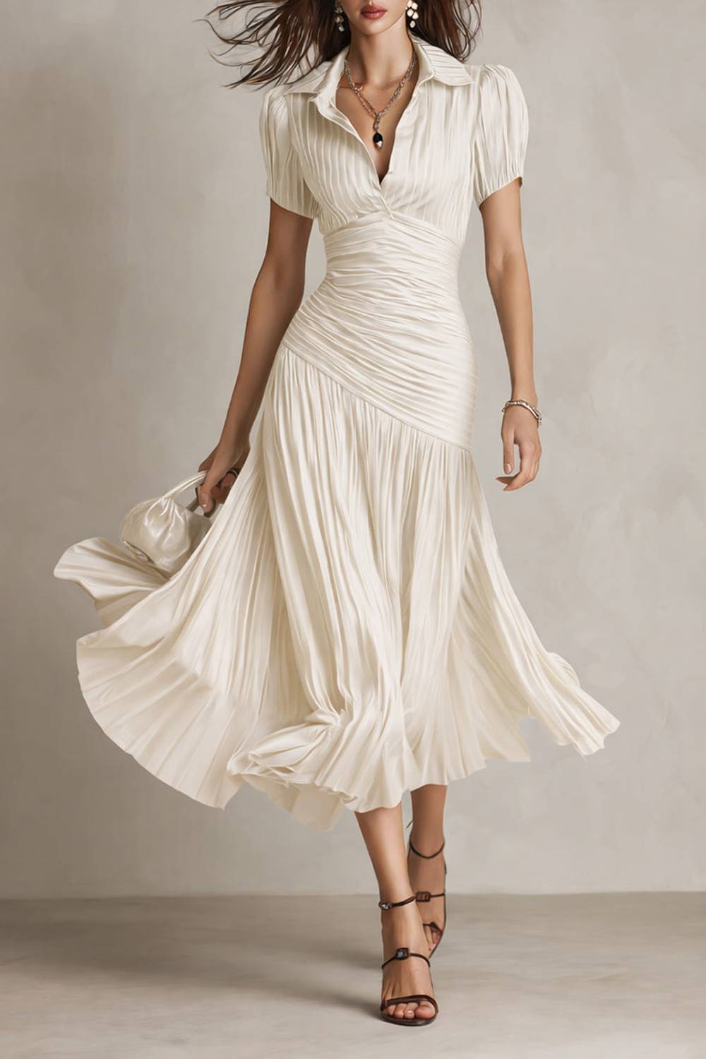 Collared Short Sleeve Striped Ruched Waist Pleated Midi Dress