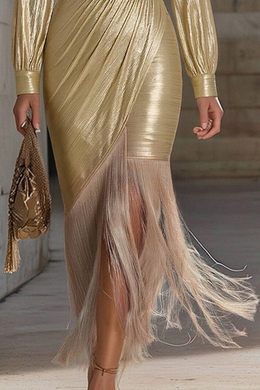 Metallic Wrap Long Sleeve Fringe Midi Evening Dress With Belt