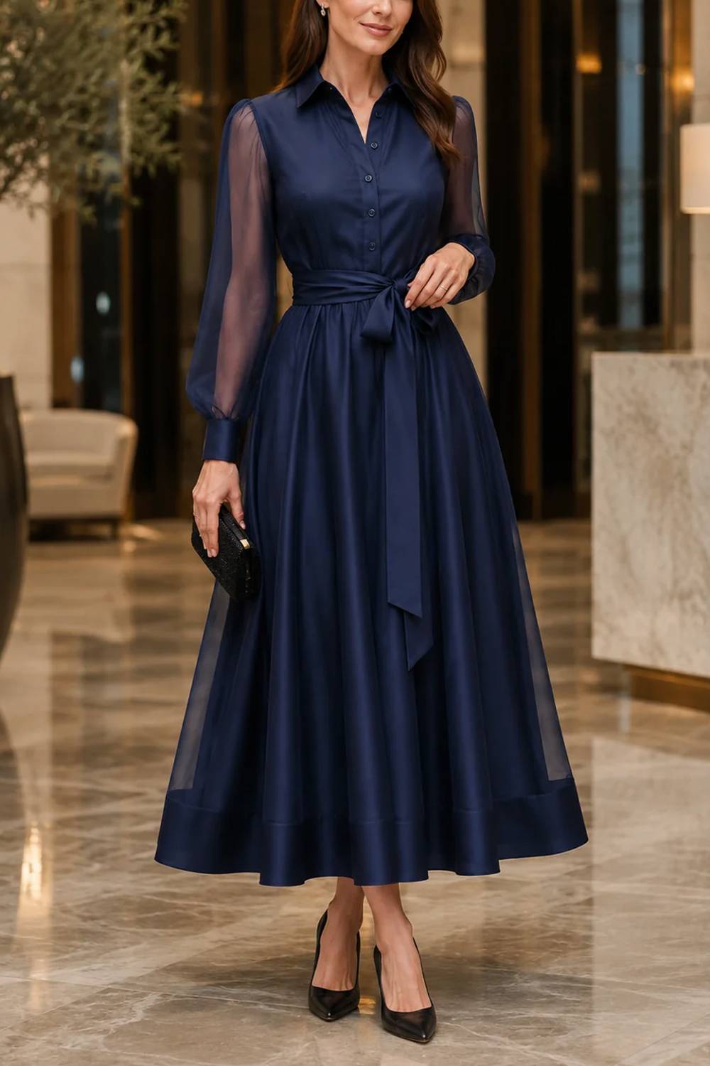 Vintage See-Through Sleeve Belted Lapel Shirt Dress
