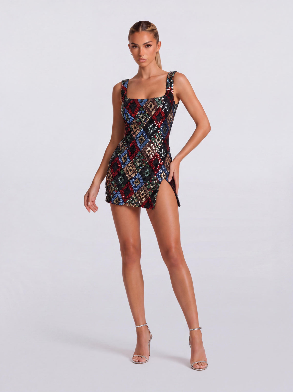 Colorful Diamond Sequin Square Collar Strap Slit Skinny Short Party Dress