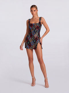 Colorful Diamond Sequin Square Collar Strap Slit Skinny Short Party Dress