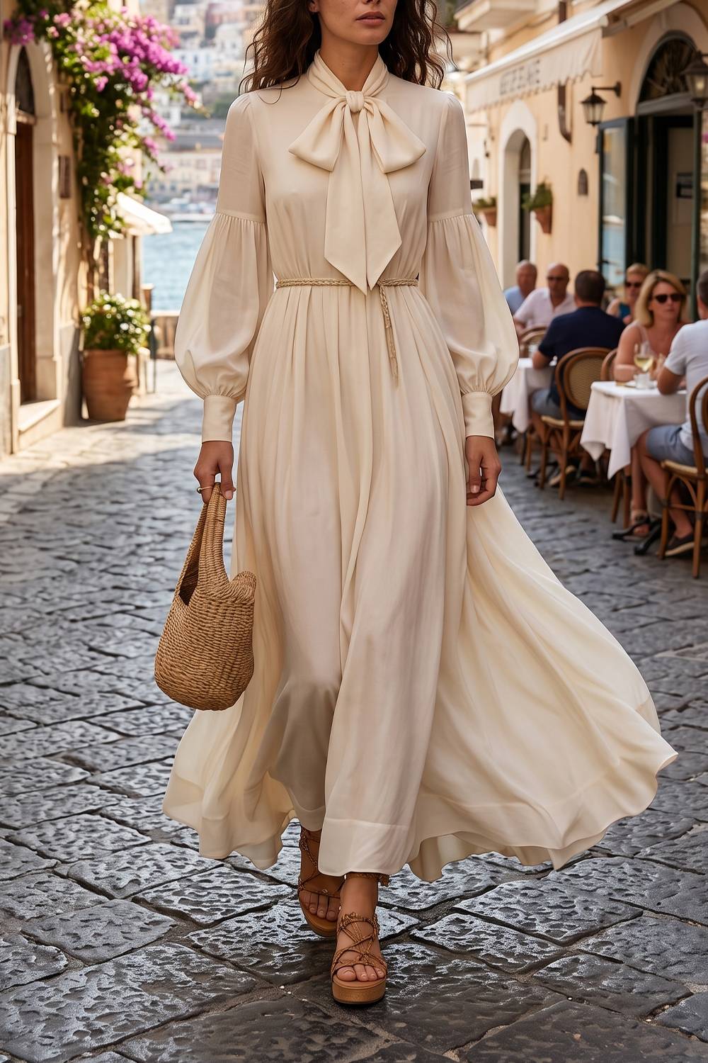 Bow Neck Balloon Long Sleeve Flowy Maxi Dress