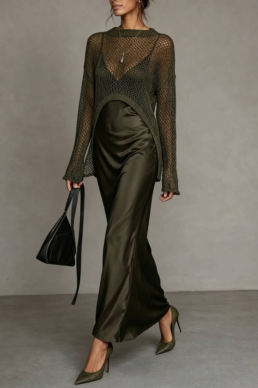 Two‑Piece Outfit Hollow Knit Cover Up & Satin Slip Maxi Dress Set
