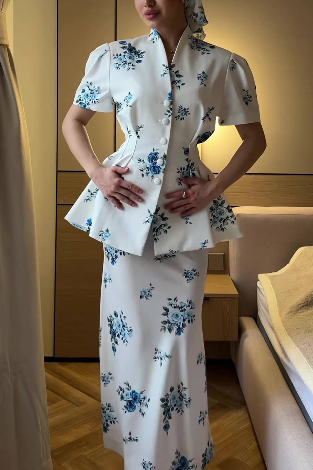 Stand‑Collar V‑Placket Puff‑Sleeve Floral Print Peplum Top & Mermaid Floor‑Length Maxi Skirt Two‑Piece Set