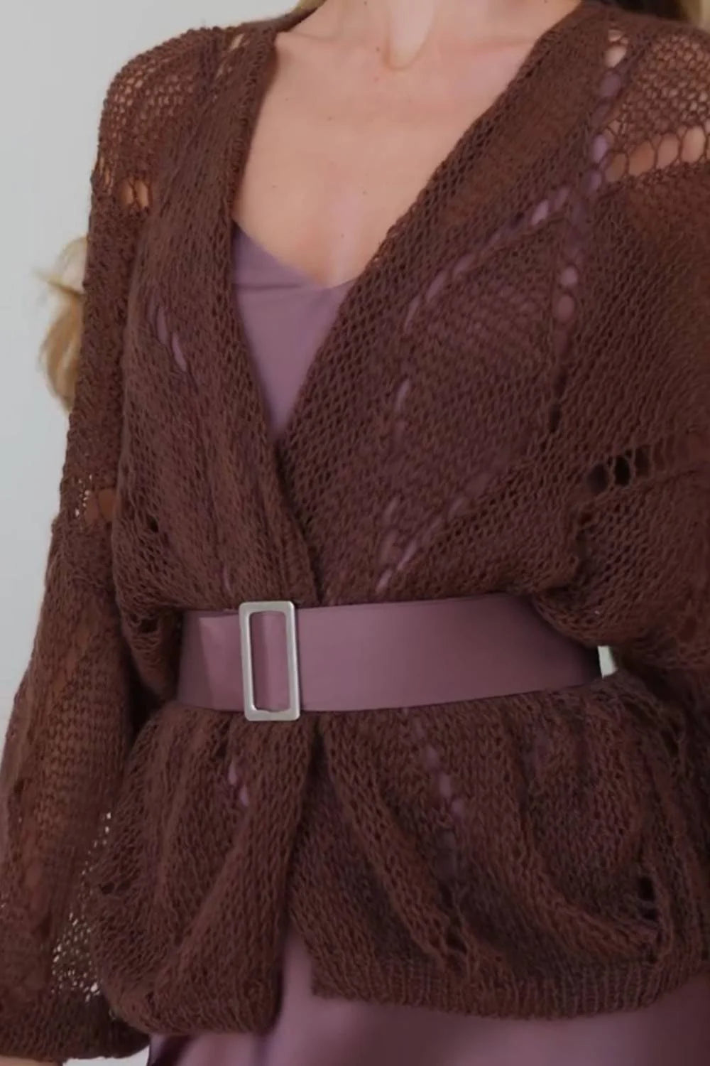 Women Brown Open Knit Balloon Sleeve Cardigan and Satin Midi Skirt Two Piece Set