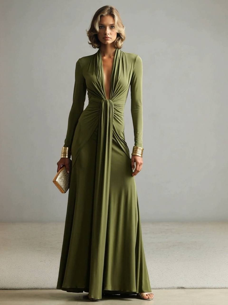 V-Neck Pleated Long Sleeve Dress