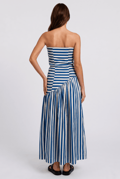 Blue And White Striped Strapless Pleated Asymmetrical Stitching Long Dress