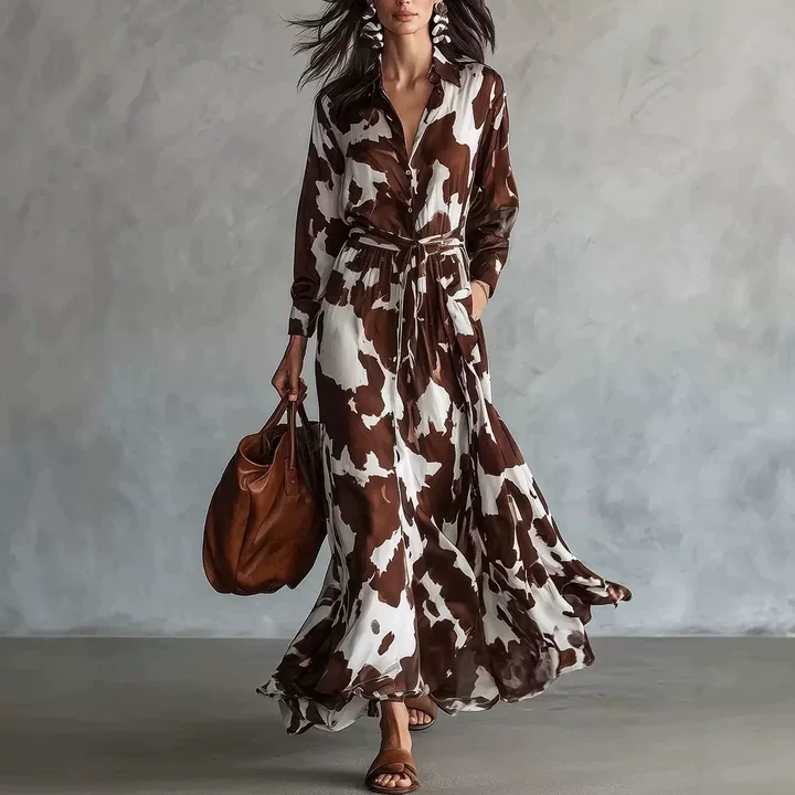 Cow Print Shirt Maxi Dress Long Sleeve Belted Flowy Button Down Dress