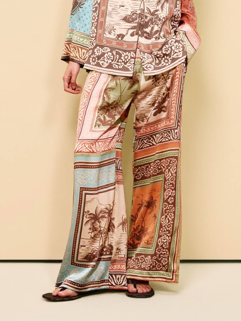 Unique Satin Floral Print Button-Up Shirt with Elastic Waist Pockets And Wide-Leg Pants Set