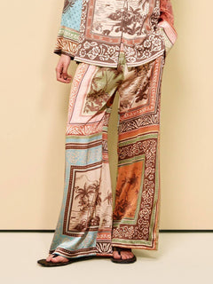 Unique Satin Floral Print Button-Up Shirt with Elastic Waist Pockets And Wide-Leg Pants Set