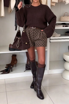 Women's Grey Ribbed Knit Sweater and Heart Print Shorts Two Piece Set