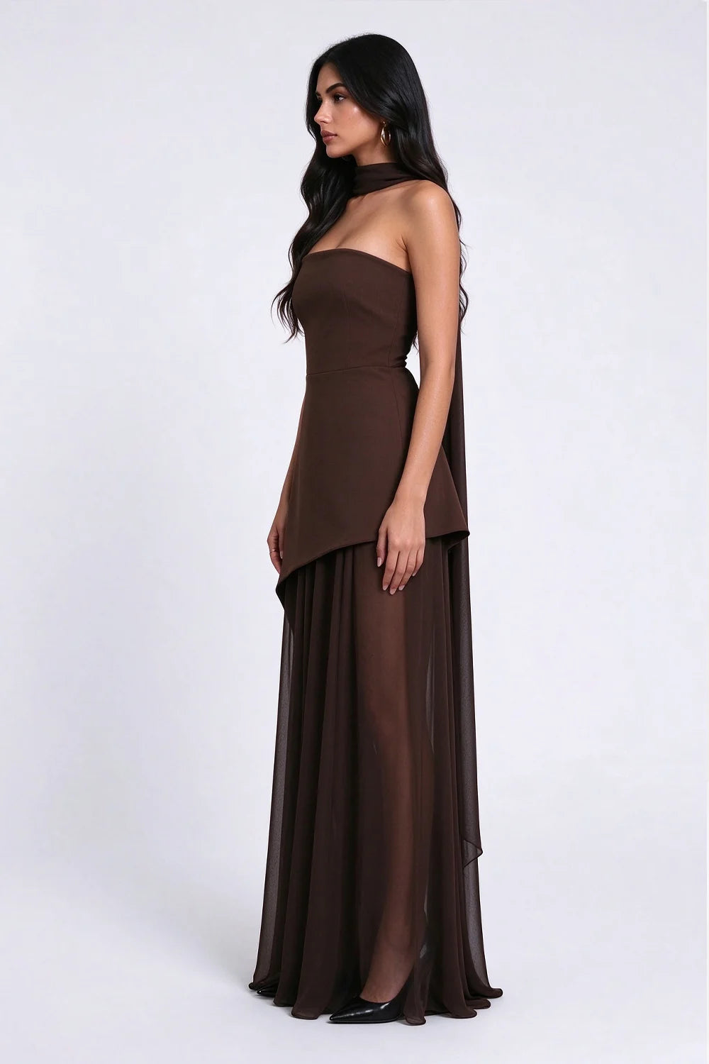 Strapless High Slit Maxi Dress with Asymmetrical Hem and Scarf Detail [erp-image:9842e45966460e8fa73d1a73]