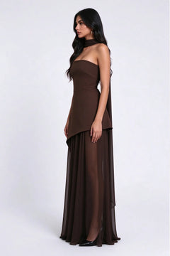 Strapless High Slit Maxi Dress with Asymmetrical Hem and Scarf Detail [erp-image:9842e45966460e8fa73d1a73]