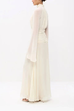 High Neck Pleated Bodice Flared Sleeve Ruched Maxi Evening Dress [erp-image:84182d6c7fce1c79f6444c87]