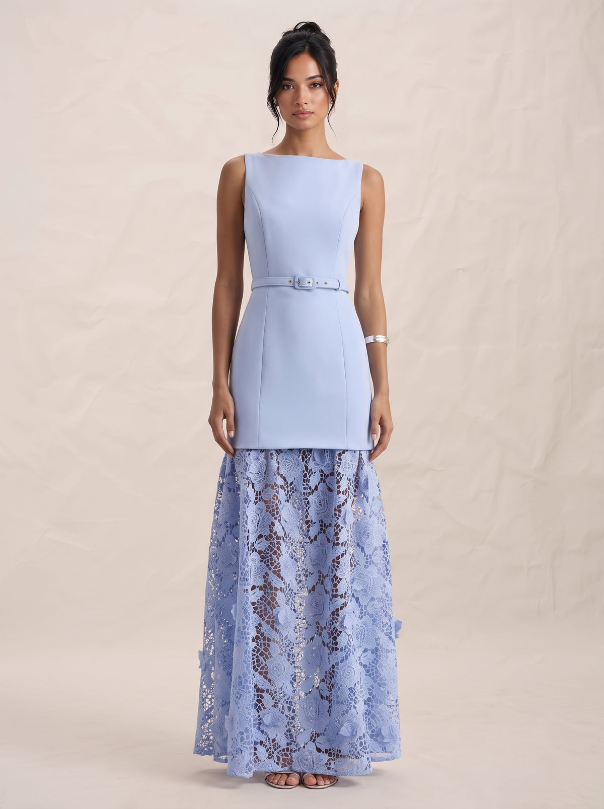 Elegant Boat Neck Belted Lace Hem Maxi Dress