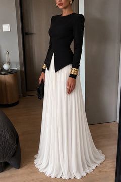 Elegant Long Sleeve Peplum Split Top and Pleated Maxi Skirt Two Piece Set [erp-image:876fd66ac45ac9fb05d6f6bc]