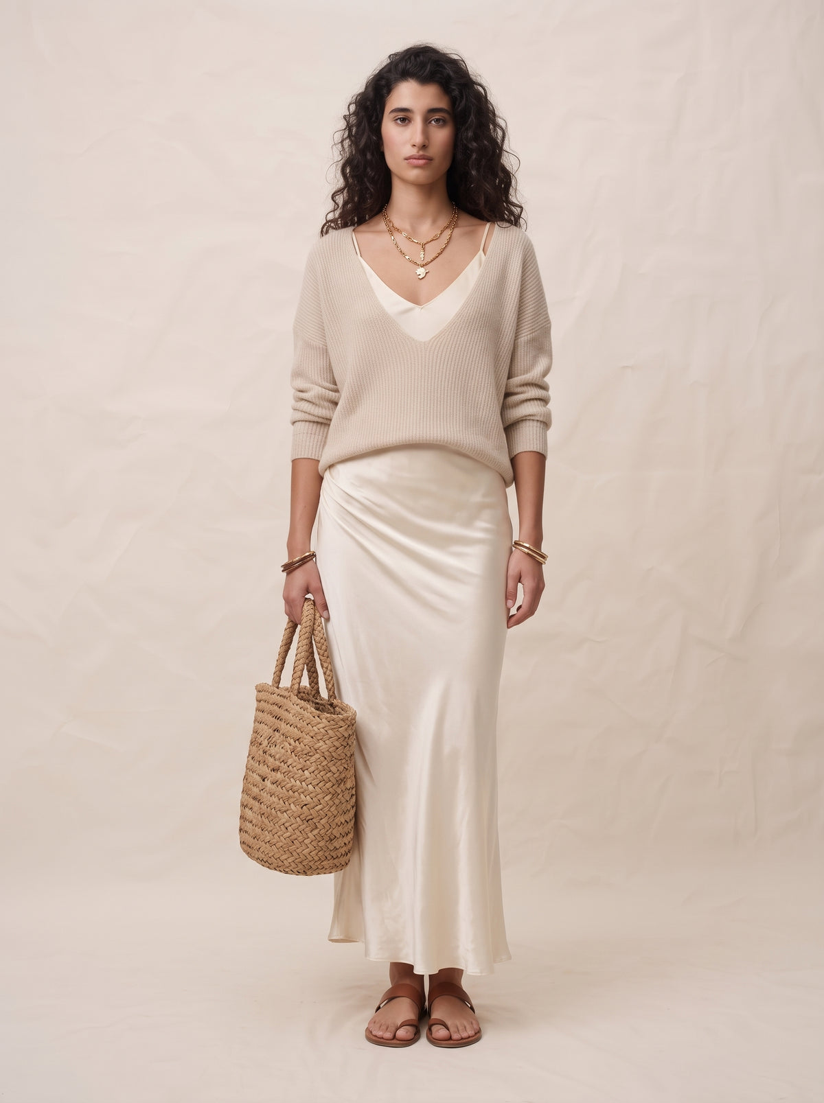 Elegant Knit V-Neck Sweater & Satin Slip Dress Two-Piece Set