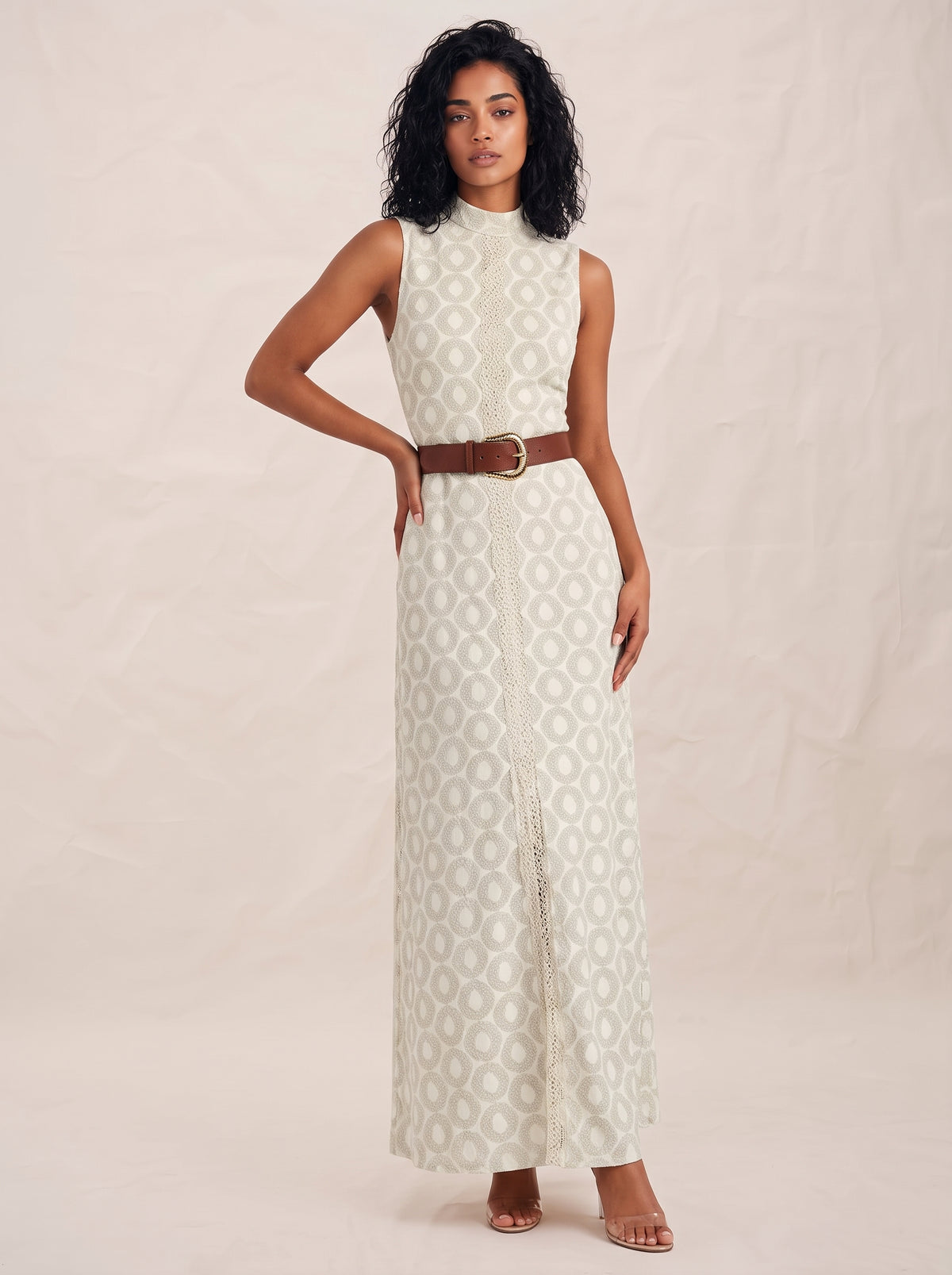 Elegant Geometric Print High Neck Slit Maxi Dress