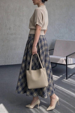 Short Sleeve Mock Neck Knit Top and High Waist Plaid Flared Skirt Two Piece Set