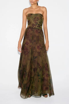 Strapless Ruched Crop Top and Flowing Maxi Skirt Floral Two Piece Set