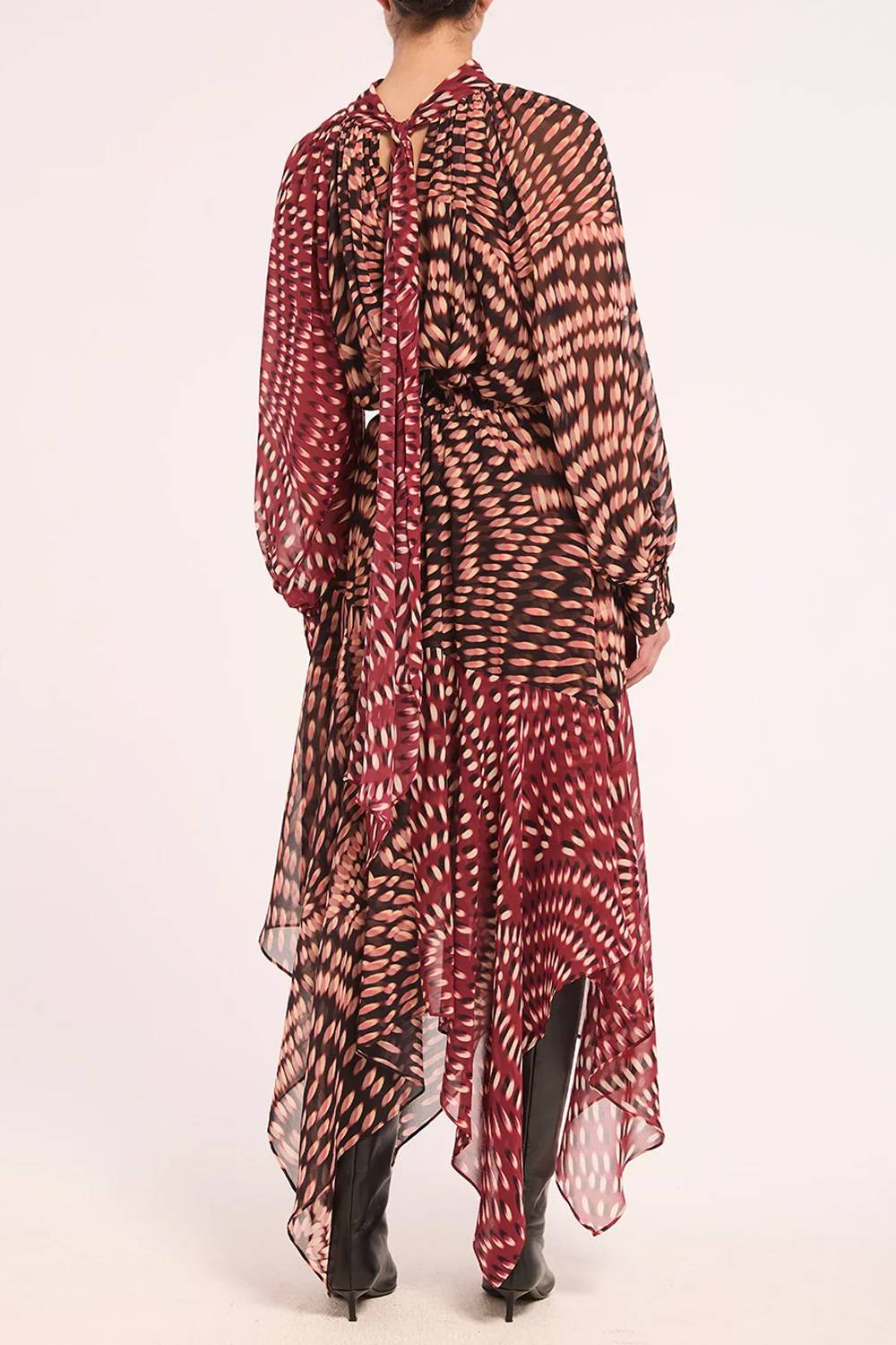 High Neck Long Sleeve Printed Asymmetrical Hem Maxi Dress