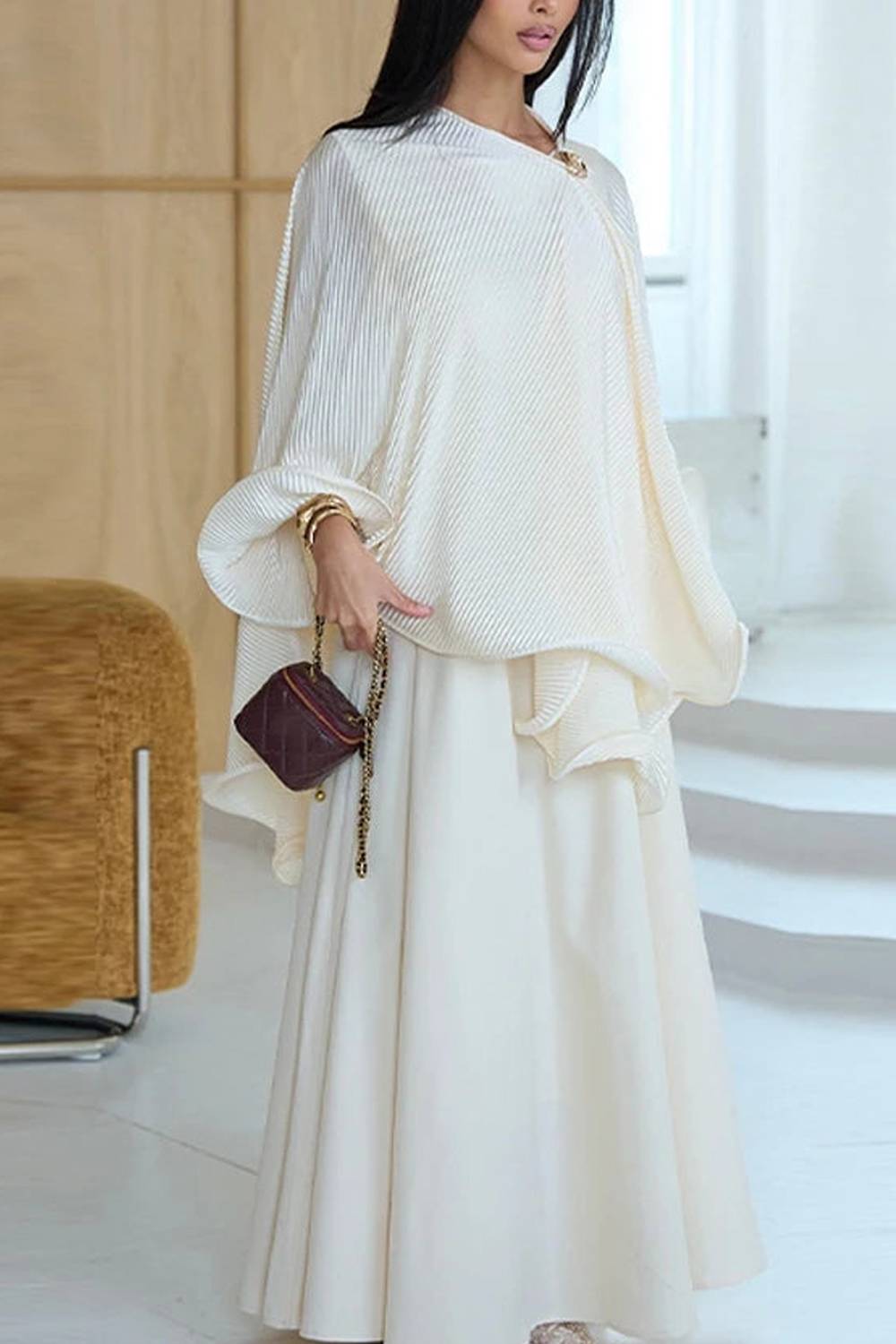 Ribbed Cape Sleeve Maxi Skirt Two Piece Set