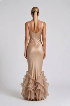 Champagne Satin Sleeveless Scoop Neck Ruffle Mermaid Maxi Evening Dress [erp-image:819de61ce224c1416a268b67]