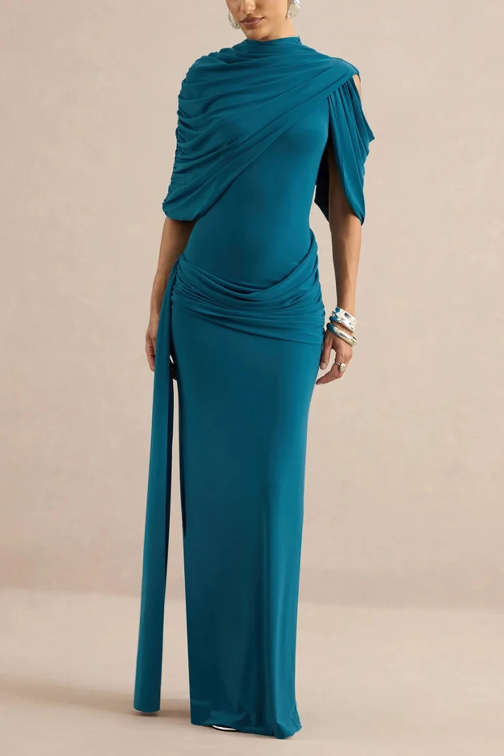 High Neck Draped Cape Asymmetric Ruched Maxi Dress with Slit [erp-image:e471c2cd6e095cf64a80114c]