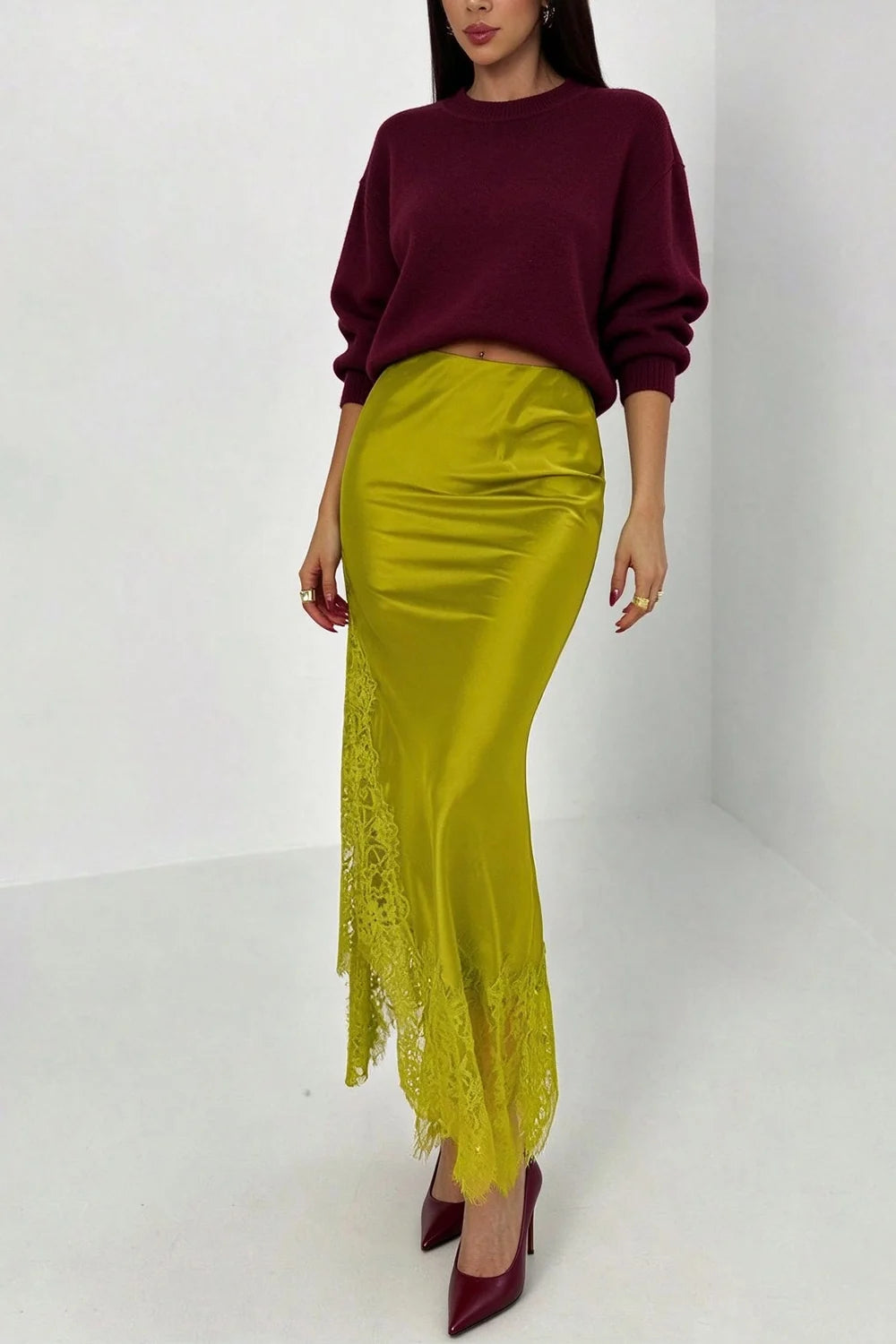 Burgundy Long Sleeve Sweatshirt and Olive Satin Lace Trim Midi Skirt Two Piece Set [erp-image:b4ae1f0ae80d82cd6a6bfc00]