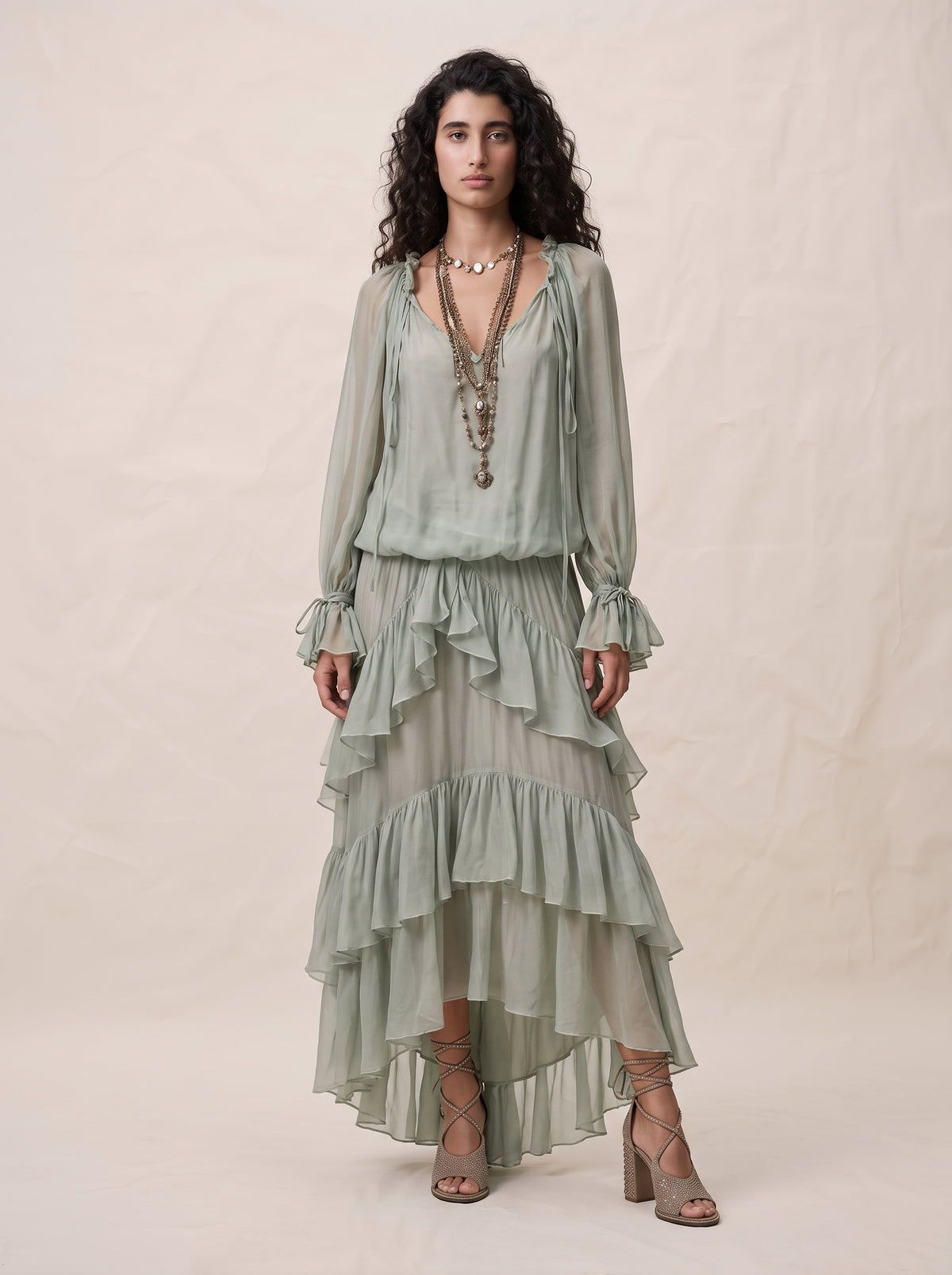 Perspective Chiffon Lace-Up Long-Sleeve Top Multi-Layer Ruffled Long Skirt Holiday Suit