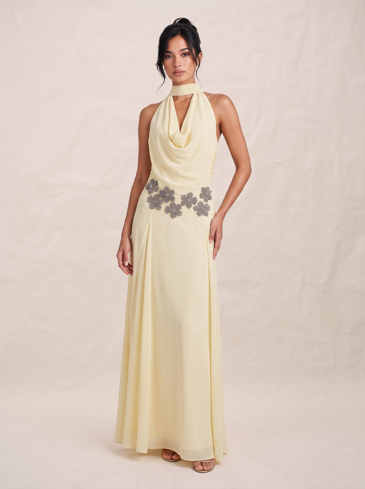 Elegant Draped Halter Embellished Maxi Dress