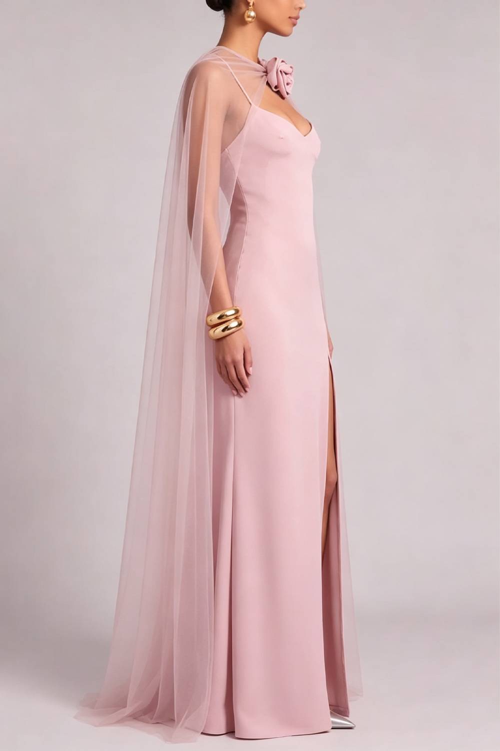 Rose Tulle Cape Slit Maxi Dress