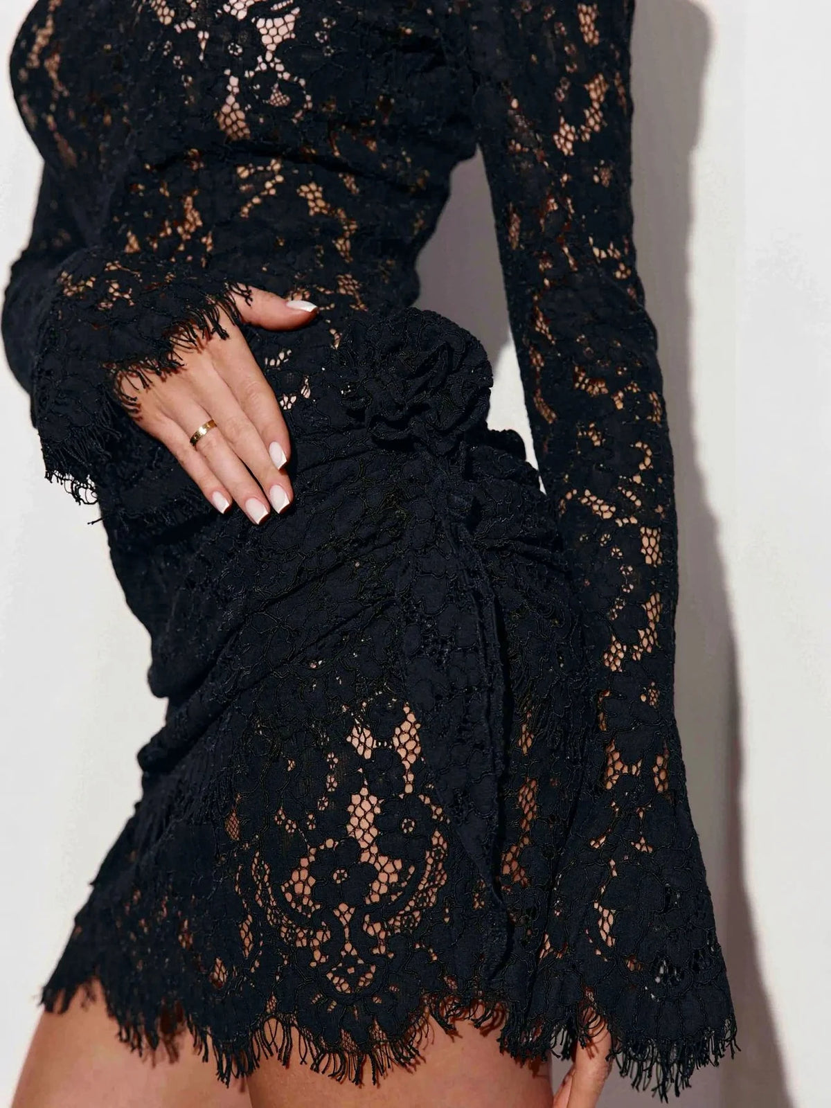 High Neck Long Sleeve Floral Lace Ruched Bodycon Cocktail Mini Dress [erp-image:eae1cbdcd1a80c6a72021c9e]