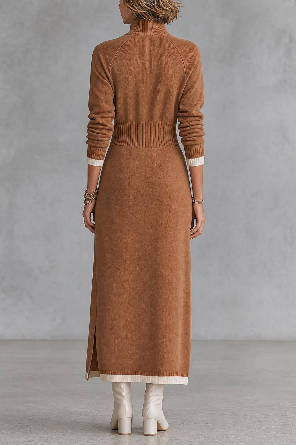 Half Zip Stand Collar Color Block Long Sleeve Knit Maxi Dress