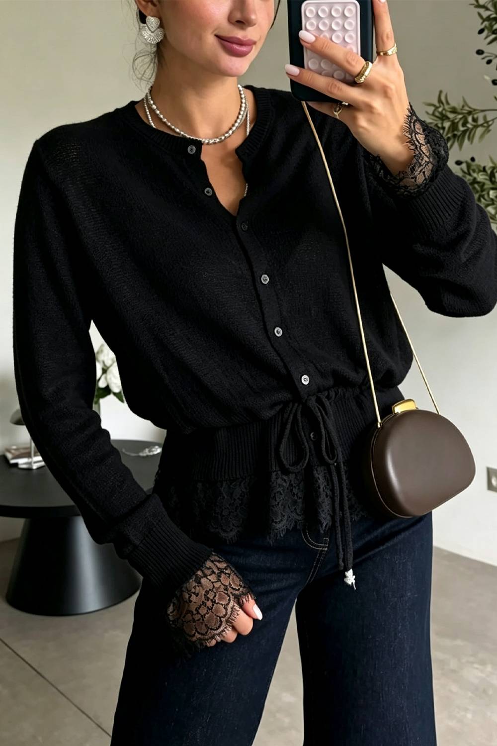 Lace Trim Knit Button Down Drawstring Waist Top