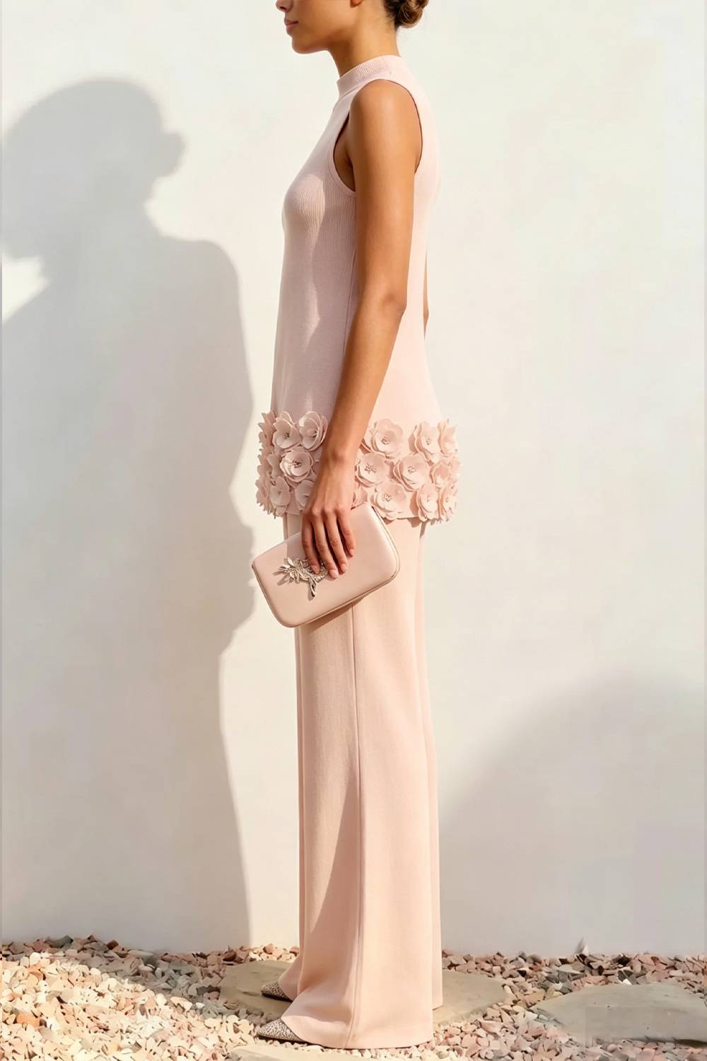 Sleeveless Mock Neck 3D Floral Trim Pant Set