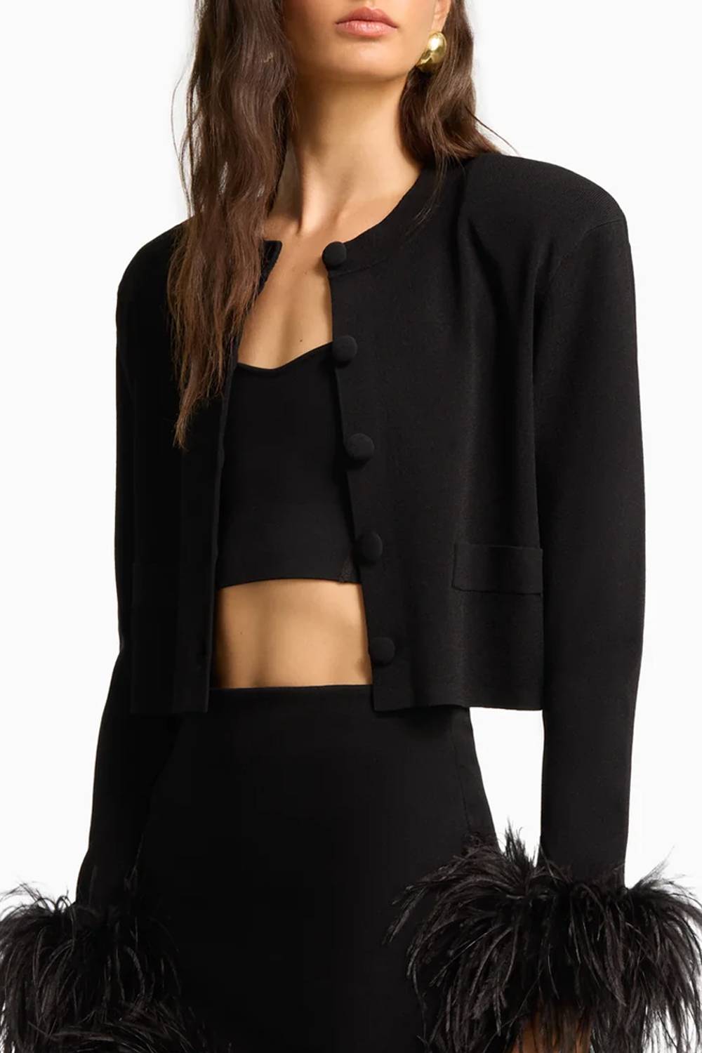 Cropped Jacket & Feather Hem Mini Skirt Two Piece Set
